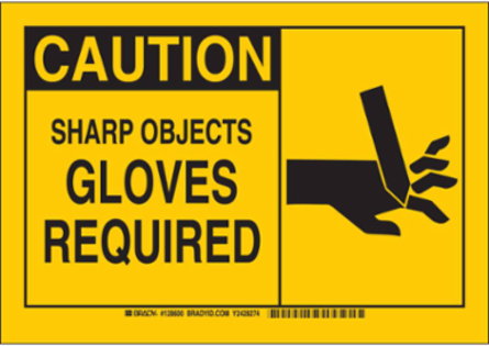 CAUTION Sharp Objects Gloves Required Sign, 7" H x 10" W x 0.035" D, Aluminum