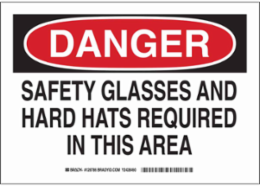 DANGER Safety Glasses And Hard Hats Required In This Area Sign, 7" H x 10" W x 0.006" D, Polyester