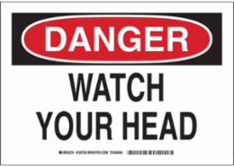 DANGER Watch Your Head Sign, 7" H x 10" W x 0.006" D, Polyester