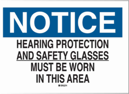 NOTICE Hearing Protection And Safety Glasses Must Be Worn In This Area Sign, 7" H x 10" W x 0.006" D, Polyester