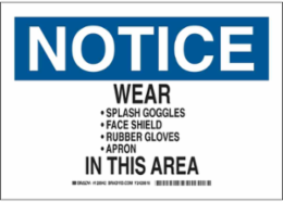 NOTICE Wear Splash Goggles Face Shield Rubber Gloves Apron In This Area Sign, 10" H x 14" W x 0.035" D, Aluminum