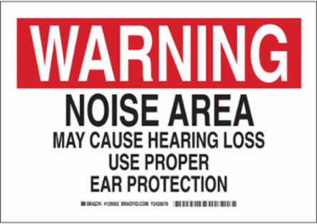 WARNING Noise Area May Cause Hearing Loss Use Proper Ear Protection Sign, 7" H x 10" W x 0.035" D, Aluminum