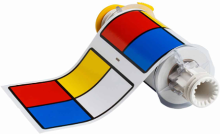 BBP85 Series 6 Inch x 6 Inch Outdoor Vinyl Labels, Blue/Red/Yellow on White, Roll of 95 Labels