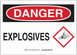DANGER Explosives w/Pictogram Sign, 10" H x 14" W x 0.1" D, Fiberglass