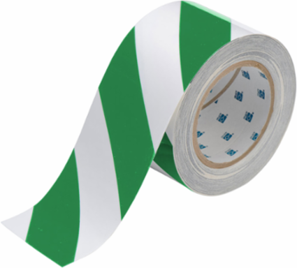 ToughStripe® Floor Marking Tape Roll - Polyester, Diagonal Stripes, Green on White, 3" x 100'