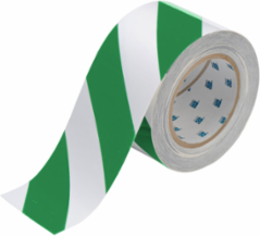 ToughStripe® Floor Marking Tape Roll - Polyester, Diagonal Stripes, Green on White, 3" x 100'