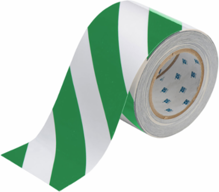 ToughStripe® Floor Marking Tape Roll - Polyester, Diagonal Stripes, Green on White, 4" x 100'