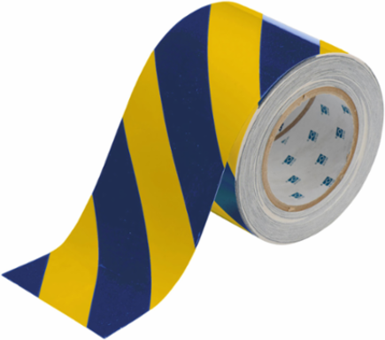 ToughStripe® Floor Marking Tape Roll - Polyester, Diagonal Stripes, Blue on Yellow, 4" x 100'