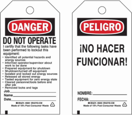 DANGER Locked Out Do Not Operate, PELIGRO No Hacer Funcionar!