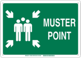 Muster Point Sign, 18" H x 24" W x 0.035" D, Green on White, Aluminum, Pictogram w/Arrows and Text
