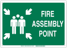 Fire Assembly Point Sign, 10" H x 14" W x 0.06" D, Green on White, Polystyrene, Pictogram w/Arrows and Text