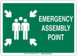 Emergency Assembly Point Sign, 10" H x 14" W x 0.06" D, Green on White, Polystyrene, Pictogram w/Arrows and Text