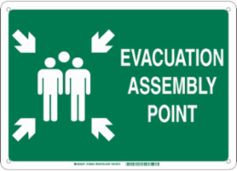 Evacuation Assembly Point Sign, 10" H x 14" W x 0.1" D, Green on White, Fiberglass, Pictogram w/Arrows and Text