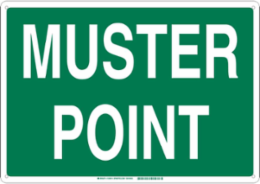 Muster Point Sign, 14" H x 20" W x 0.1" D, Green on White, Fiberglass, Text Only