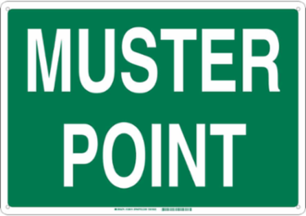 Muster Point Sign, 10" H x 14" W x 0.035" D, Green on White, Aluminum, Text Only