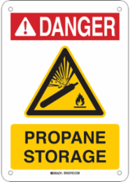 DANGER Propane Storage Sign, 10 " H x 7 " W x 0.035 " D, Black/Red/Yellow on White
