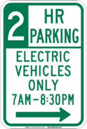 2 Hour Electric Vehicle Parking Sign, 18 Inch x 12 Inch, Reflective Aluminum, Right Arrow