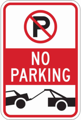 No Parking Picto And Tow Away No Parking Sign, 18" H x 12" W x 0.090" D, Black/Red on White