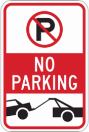 No Parking Picto And Tow Away No Parking Sign, 18" H x 12" W x 0.090" D, Black/Red on White