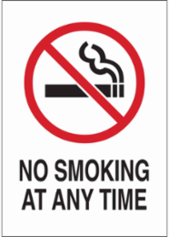 No Smoking At Any Time Sign, 10" H x 7" W x .035" D, Polyester