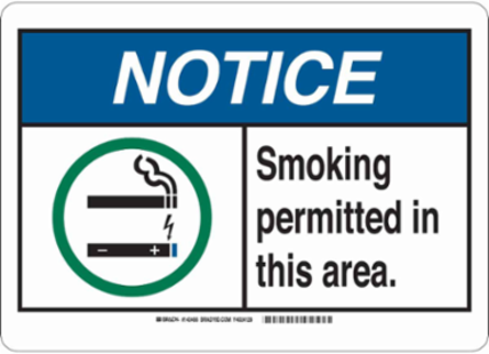 NOTICE Smoking Permitted In This Area. Sign, 7" H x 10" W x 0.006" D, Polyester