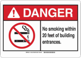 DANGER No Smoking Within 20' Of Building Entrances. Sign, 10" H x 14" W x 0.035" D, Aluminum