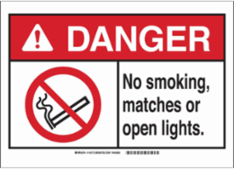 DANGER No Smoking, Matches Or Open Lights. Sign, 10" H x 14" W x 0.035" D, Aluminum