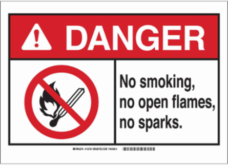DANGER No Smoking, No Open Flames, No Sparks. Sign, 10" H x 14" W x 0.1" D, Fiberglass