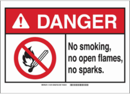 DANGER No Smoking, No Open Flames, No Sparks. Sign, 7" H x 10" W x 0.035" D, Aluminum