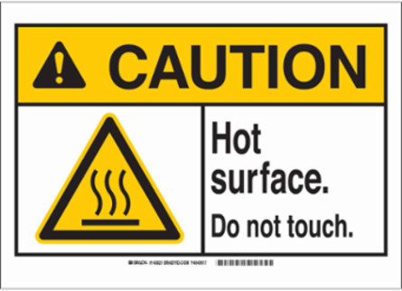 Caution Hot Surface Sign, 10 Inch H x 14 Inch W, Polyester, Black/Yellow on White