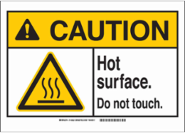 Caution Hot Surface Sign, 10 Inch H x 14 Inch W, Polyester, Black/Yellow on White
