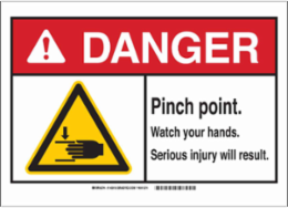 DANGER Pinch Points. Watch Your Hands. Sign, 7" H x 10" W x 0.006" D, Polyester, Black/Red/Yellow on White