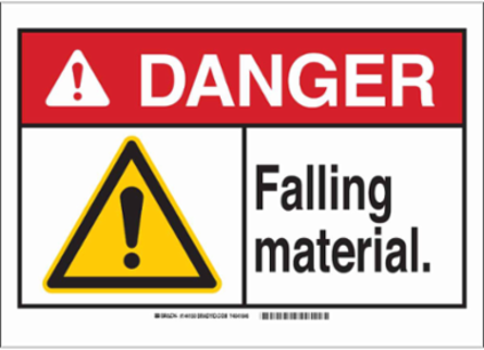 DANGER Falling Material. Sign, 7" H x 10" W x 0.035" D, Aluminum