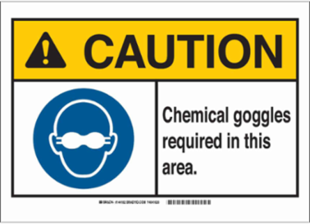 CAUTION Chemical Goggles Required Sign, 10 Inch H x 14 Inch W, Aluminum
