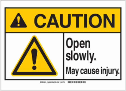 CAUTION Open Slowly Injury Sign, 7 Inch x 10 Inch, Non-Reflective Aluminum