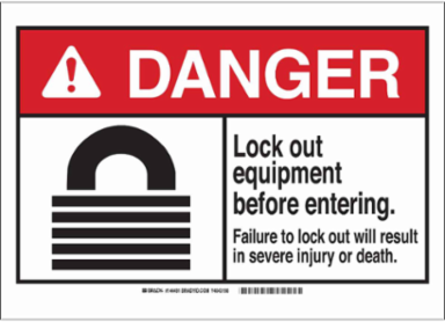 DANGER Lock Out Equipment Before Entering. Sign, 10" H x 14" W x 0.035" D, Aluminum