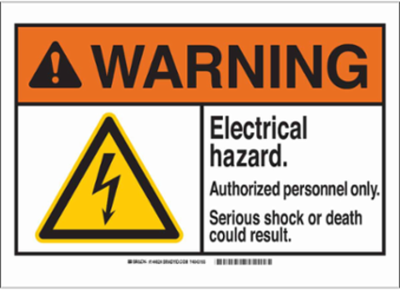 WARNING Electrical Hazard. Authorized Personnel Only. Serious Shock Or Death Could Result. Sign, 7" H x 10" W x 0.035" D, Aluminum