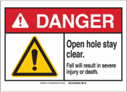 DANGER Open Hole Stay Clear. Fall Will Result In Severe Injury Or Death. Sign, 10" H x 14" W x 0.006" D, Polyester