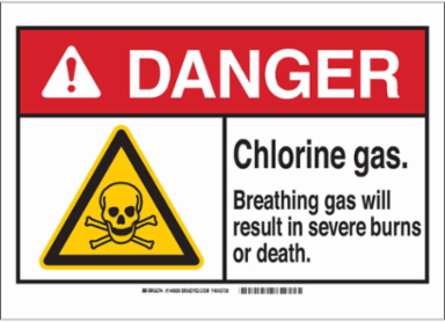 DANGER Chlorine Gas. Breathing Gas Will Result In Severe Burns Or Death. Sign, 10" H x 14" W x 0.1" D, Fiberglass