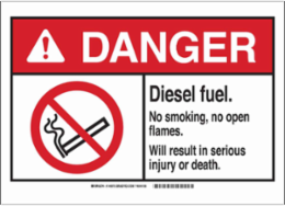 DANGER Diesel Fuel. No Smoking. No Open Flames. Will Result In Serious Injury Or Death. Sign, 7" H x 10" W x 0.006" D, Polyester