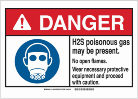 DANGER H2S Poisonous Gas. No Open Flames. Wear Necessary Protective Equipment And Proceed With Caution. Sign, 10" H x 14" W x 0.1" D, Fiberglass