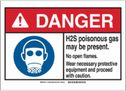 DANGER H2S Poisonous Gas. No Open Flames. Wear Necessary Protective Equipment And Proceed With Caution. Sign, 10" H x 14" W x 0.1" D, Fiberglass