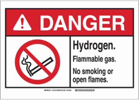DANGER Hydrogen. Flammable Gas. No Smoking Or Open Flames. Sign, 10" H x 14" W x 0.1" D, Fiberglass