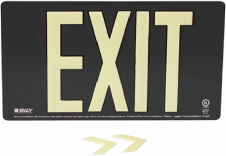 BradyGlo Exit Sign, Black, 9 Inch H x 15.75 Inch W, Wall Mounted, Glow in the Dark