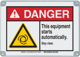 ToughWash DANGER This Equipment Starts Automatically. Sign, 10" H x 14" W x 0.098" D, Polypropylene