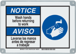 Bilingual ToughWash NOTICE Wash Hands Sign, 7 Inch x 10 Inch, Metal Detectable Polypropylene