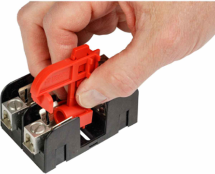 9/16 Inch Block Fuse Lockout, Red, Fiberglass Reinforced Nylon, 2 Padlock Capacity
