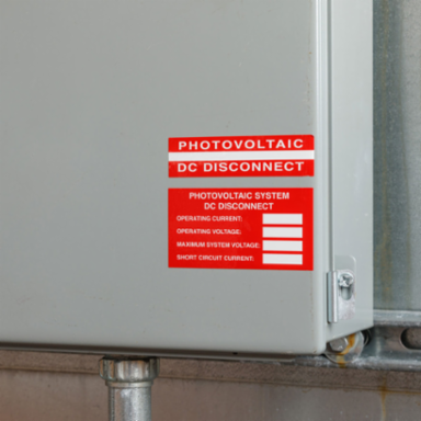 Pre-Printed SOLAR DC DISCONNECT Warning Labels, 1"x4" Vinyl, 25Pk