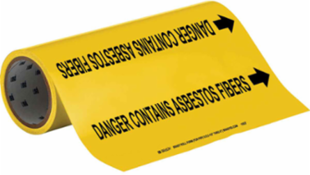 Pipe Marker: DANGER CONTAINS ASBESTOS FIBER, 30' H x 12" W, Roll of 30', Fits Pipes, 2.5" Dia. Thru 6" Dia.