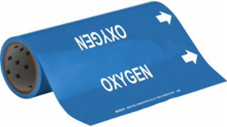 OXYGEN Pipe Marker, 30' H x 12" W, Roll of 30', Fits Pipes, 2.5" Dia. Thru 6" Dia.